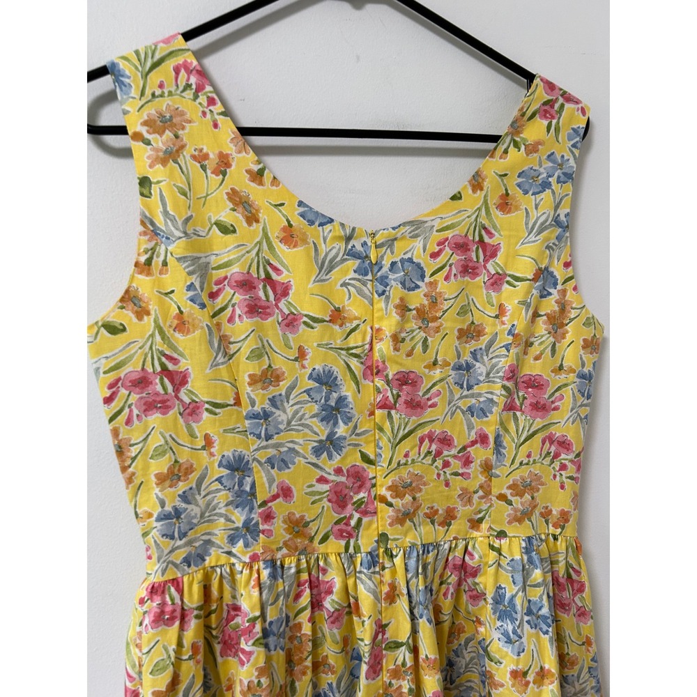 Vintage Laura Ashley Yellow Floral Cotton Midi Dress Tank Gathered Waist Sz 8 - Picture 5 of 10